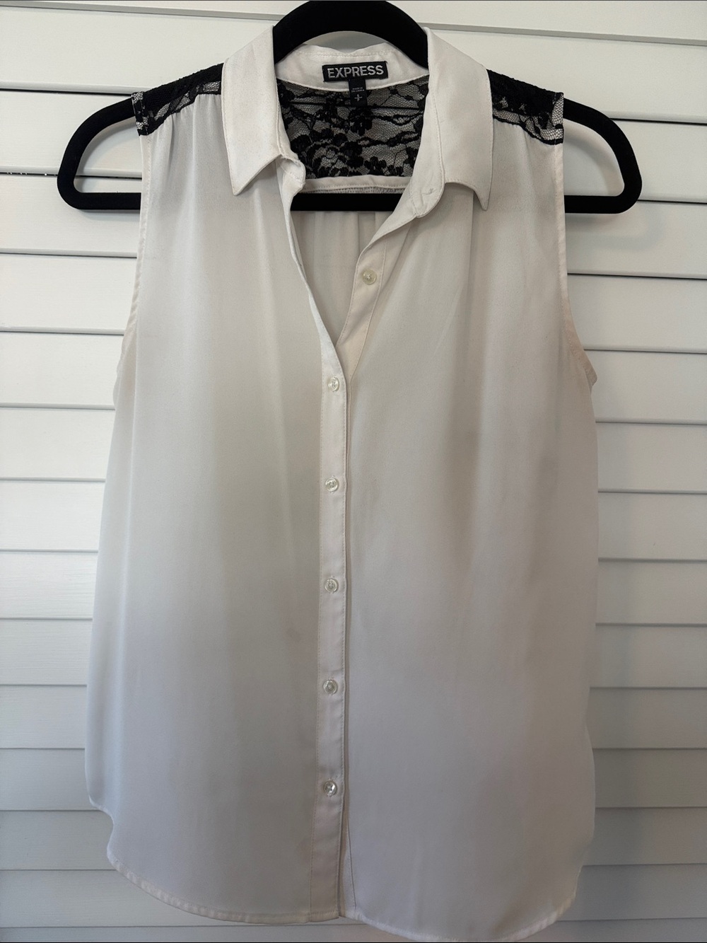 Express White Sleeveless Button-Front Portofino Blouse with Black Lace Back